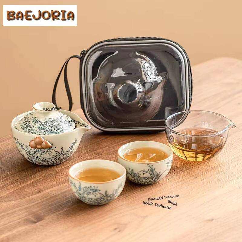 Korean Tea Set - 可愛いウサギとひまわり模様のRu窯茶器セット エレガントな1ポット2カップ 家庭用茶器 ポータブル旅行用屋外ハンドバッグ 茶道用