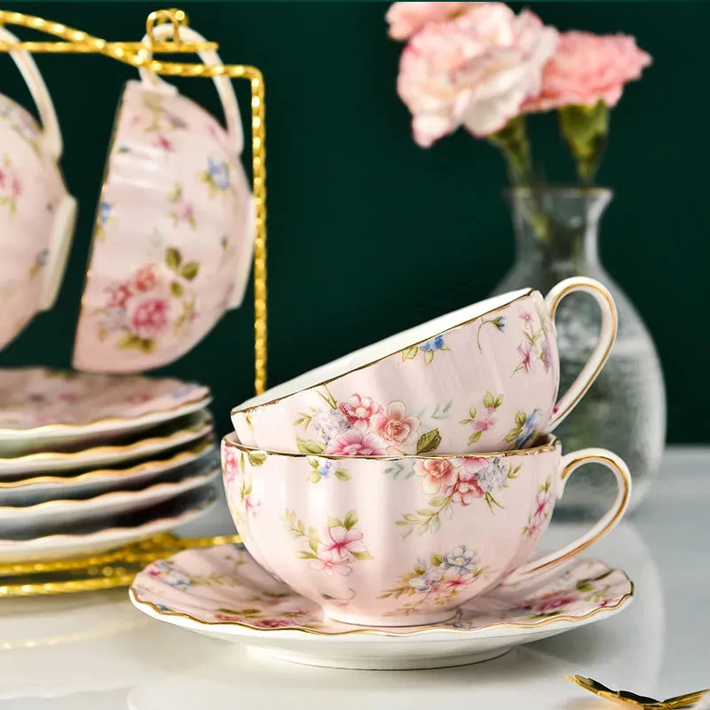 Korean Tea Set - 3個セット/パストラルスタイル花柄ティーセット セラミックコーヒーカップセット 高級ボーンチャイナ金縁ティーカップ＆ソーサー スプーン付き