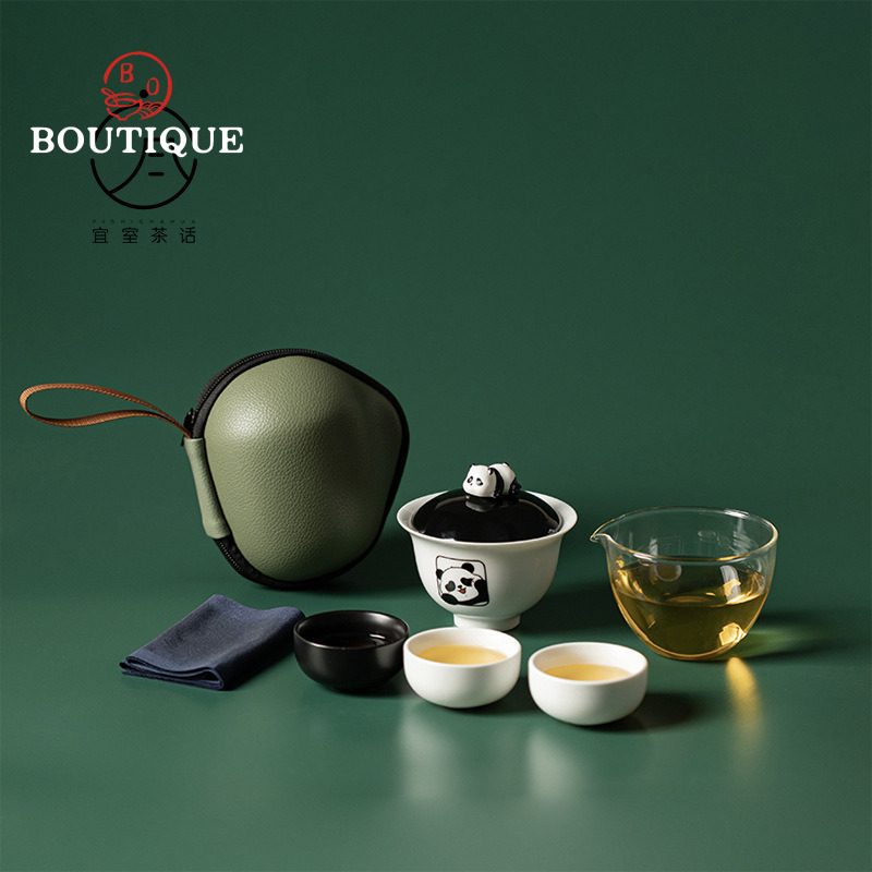 Korean Tea Set - イシトークパンダトラベルセット漫画セラミック蓋碗茶携帯用ワンボウルツーカップ屋外クイックゲストカップ