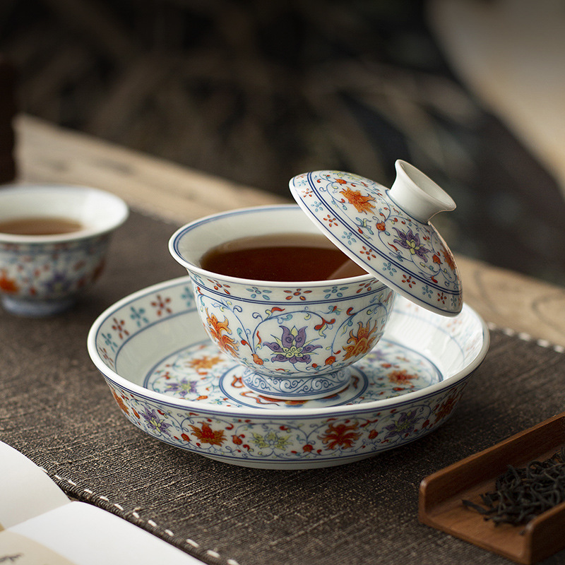 Korean Tea Set - 手作り景徳鎮青白三彩蓋碗セット ホバーリッド 釉下彩磁器 カンフーティーセット ギフトボックス ホームオフィス用