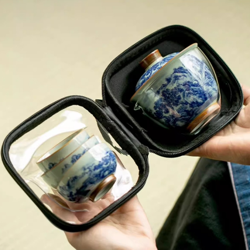 中国レトロ青と白の磁器茶碗携帯用一ポット二杯三杯旅行カンフー - Korean Tea Set のレビューと価格