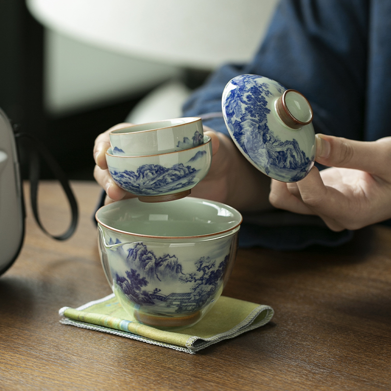 中国レトロ青と白の磁器茶碗携帯用一ポット二杯三杯旅行カンフー - Korean Tea Set のレビューと価格